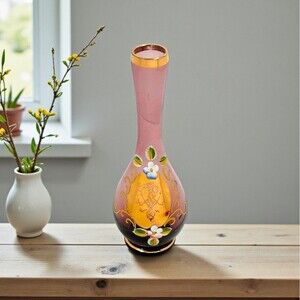 Vintage Czech Bohemian Amethyst Bud Vase Enamel Flowers Gold Trim Purple Floral